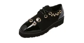 Black Patent Metal Studs Ring Grunge Lace Up Oxfords Shoes