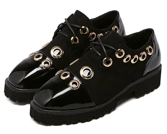 Black Patent Metal Studs Ring Grunge Lace Up Oxfords Shoes