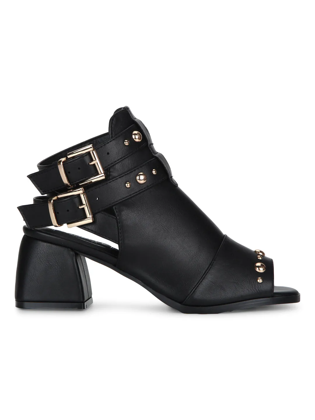 Black PU Stud and Buckle Strap Peep Toe Block Heels