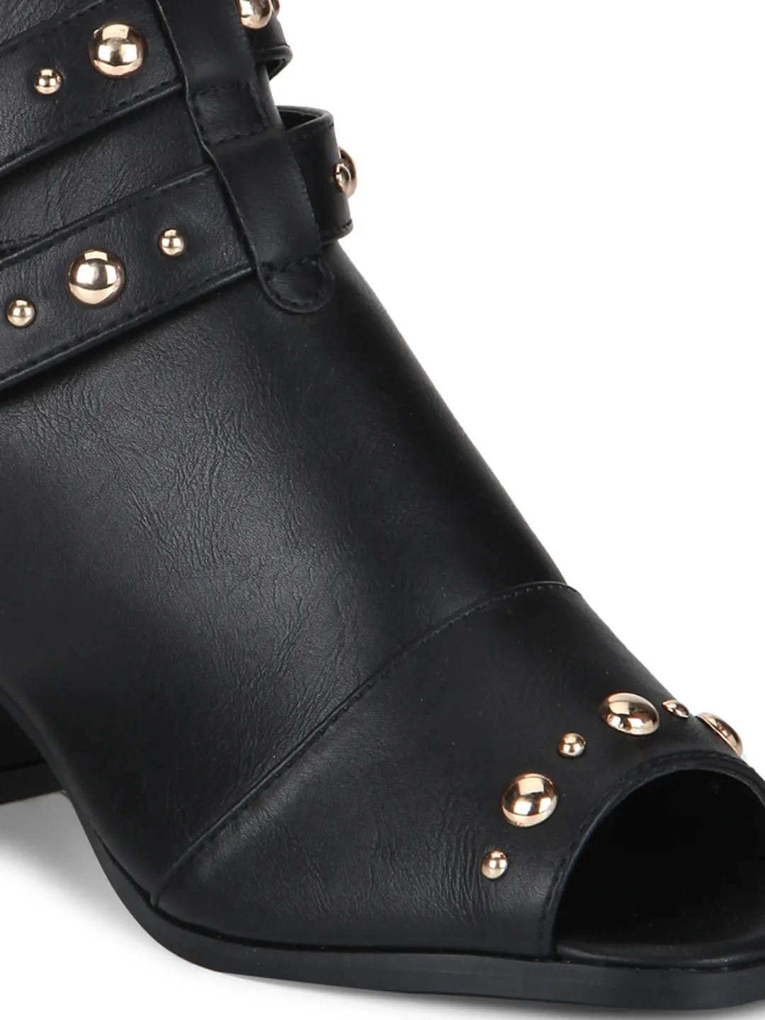 Black PU Stud and Buckle Strap Peep Toe Block Heels