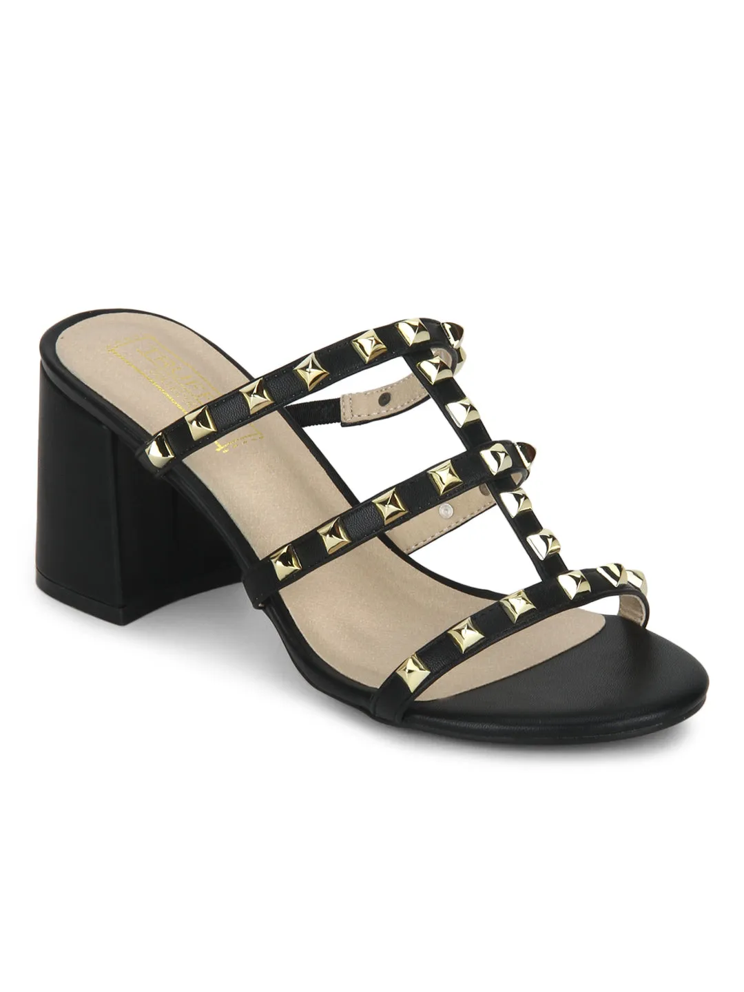 Black PU Studded Block Heels