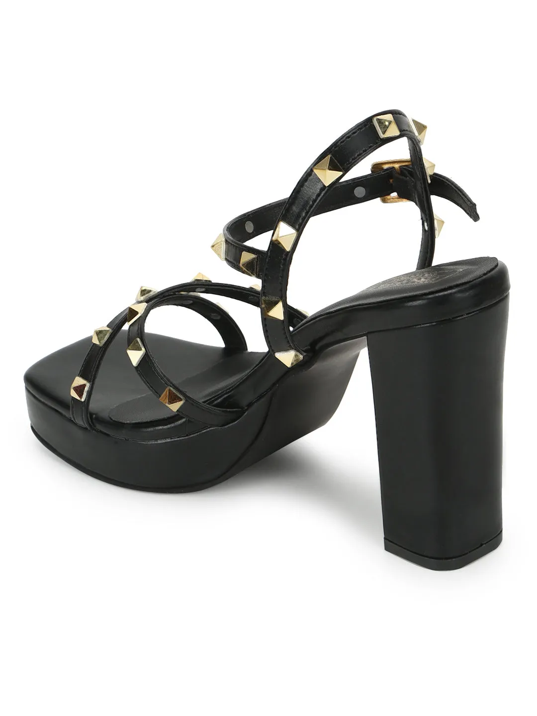 Black PU Studded High Block Heels (TC-SLC-N1107-BLK)