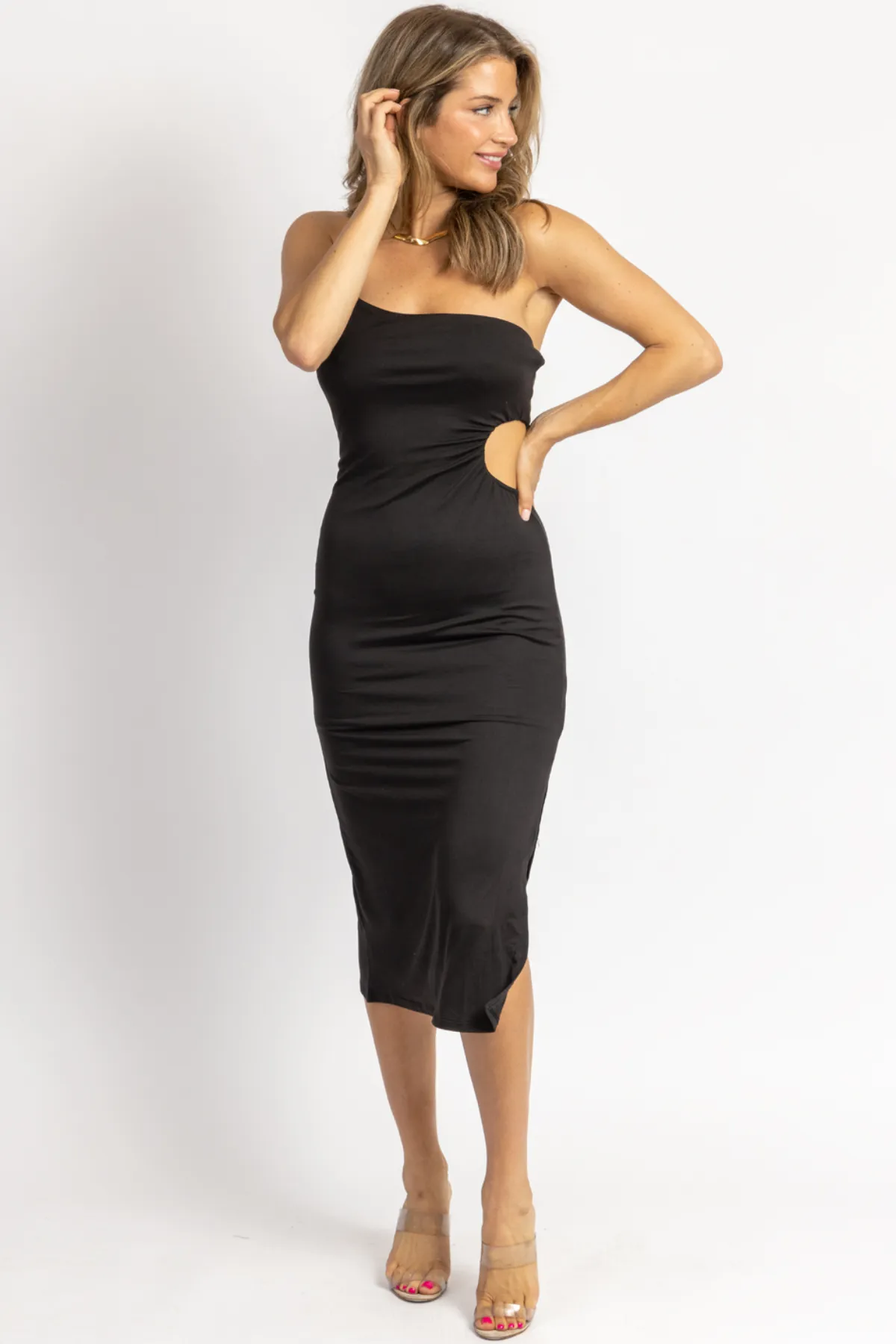 BLACK SOFT OPEN SIDE ONE-SHOULDER MIDI DRESS