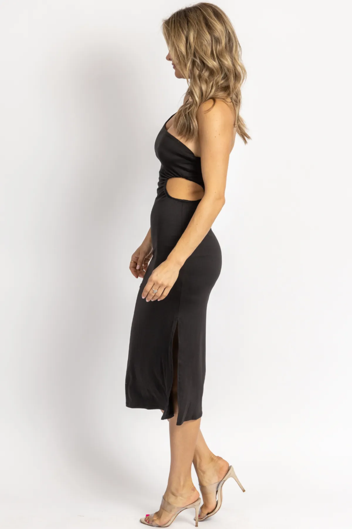 BLACK SOFT OPEN SIDE ONE-SHOULDER MIDI DRESS