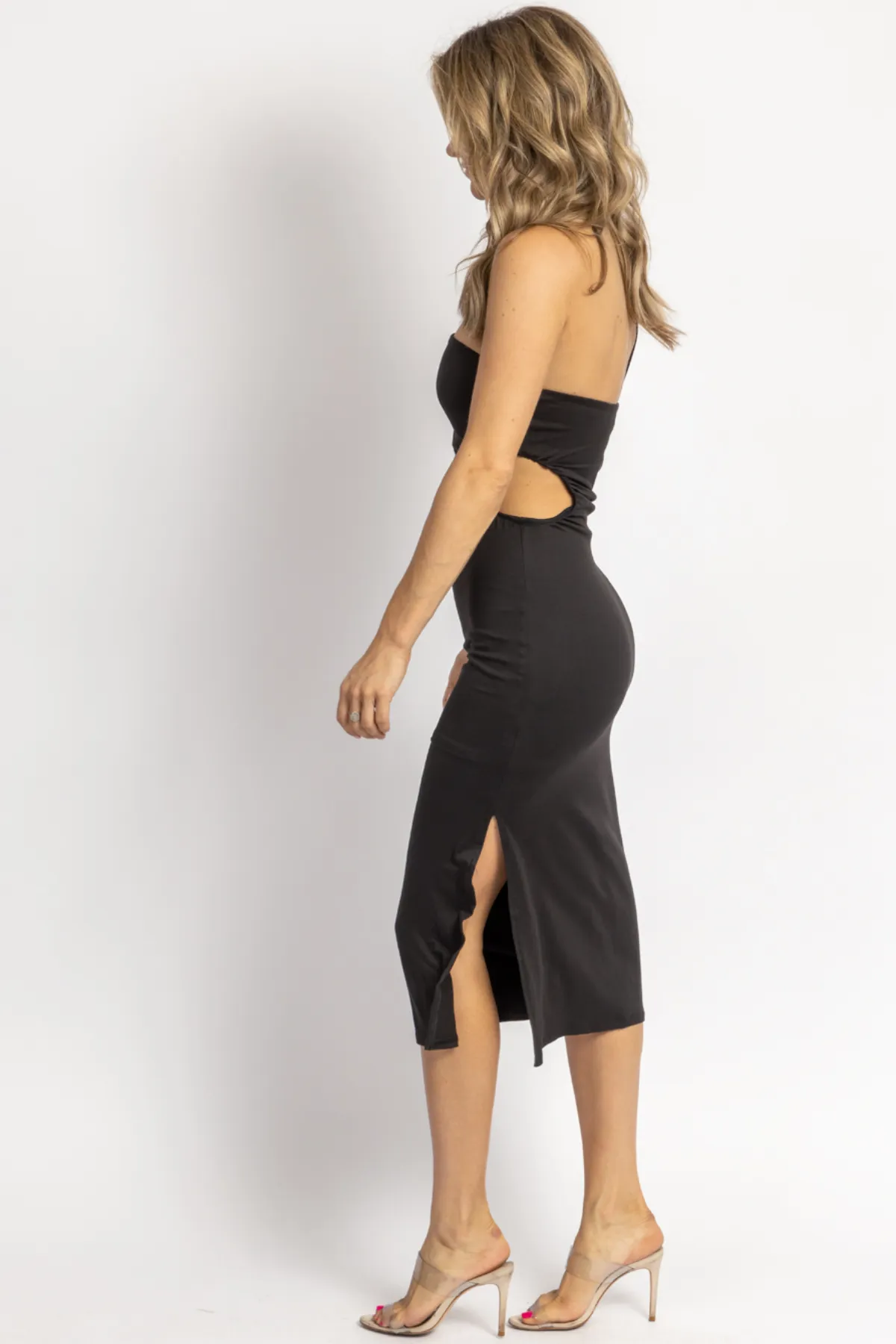 BLACK SOFT OPEN SIDE ONE-SHOULDER MIDI DRESS