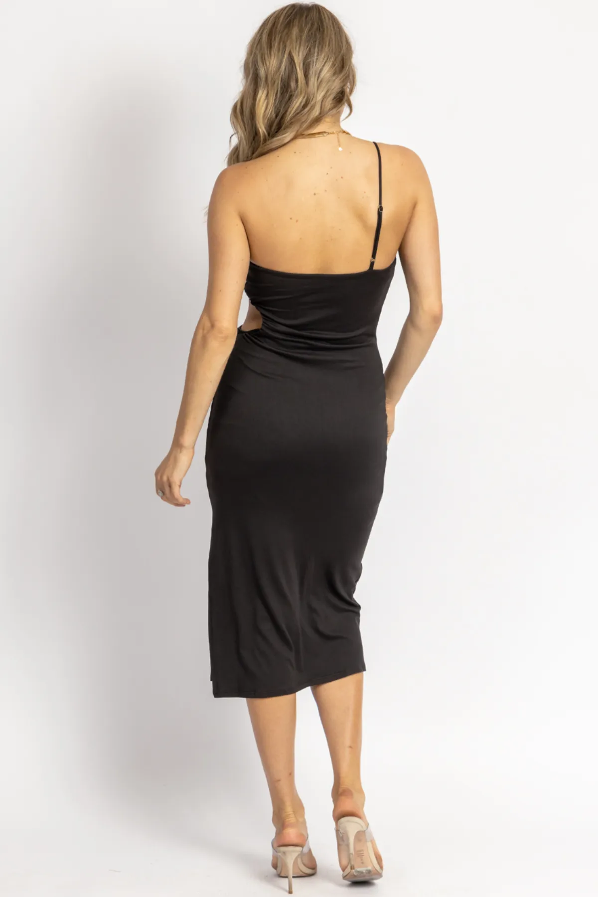 BLACK SOFT OPEN SIDE ONE-SHOULDER MIDI DRESS