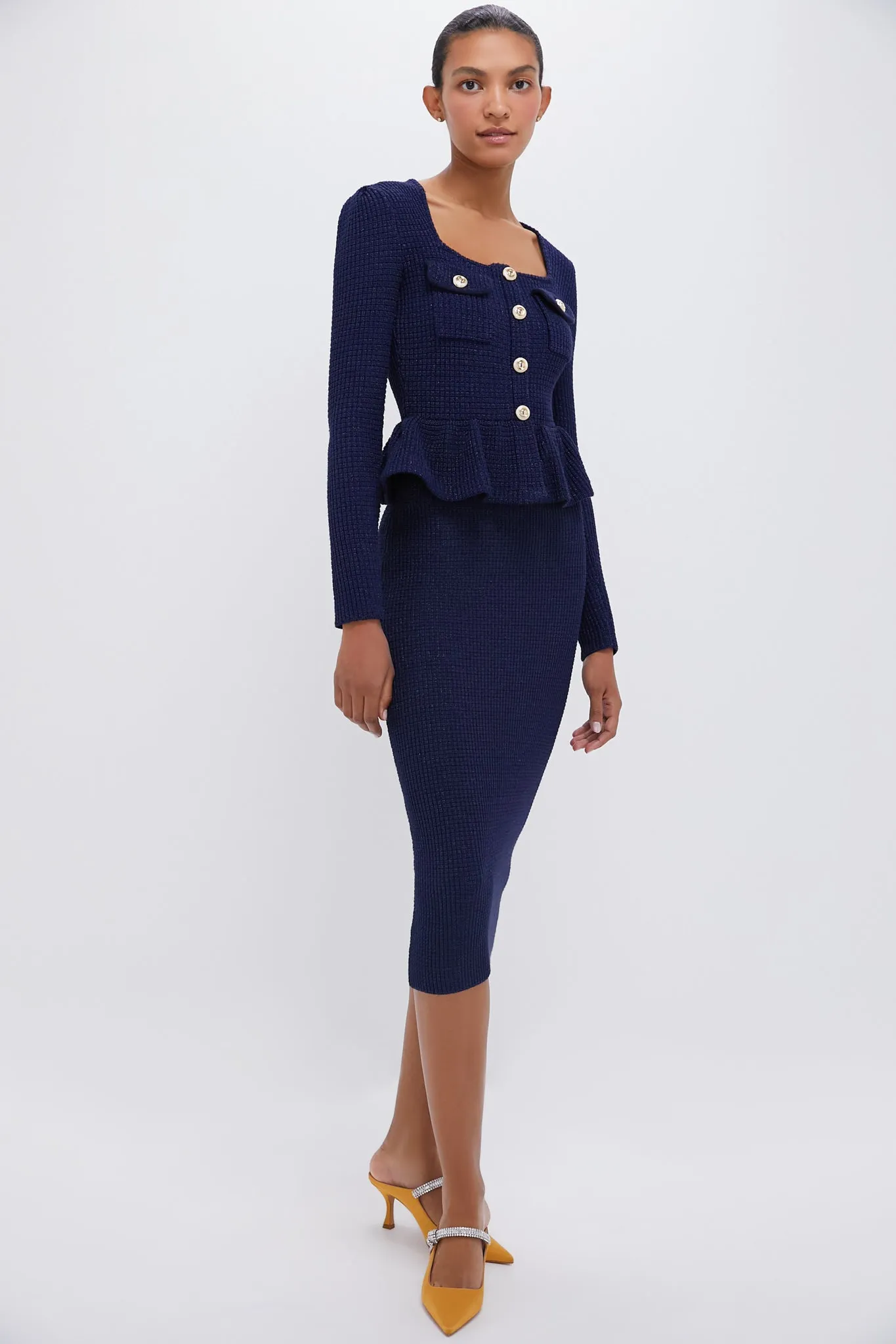 Blue Navy Knit Peplum Midi Dress