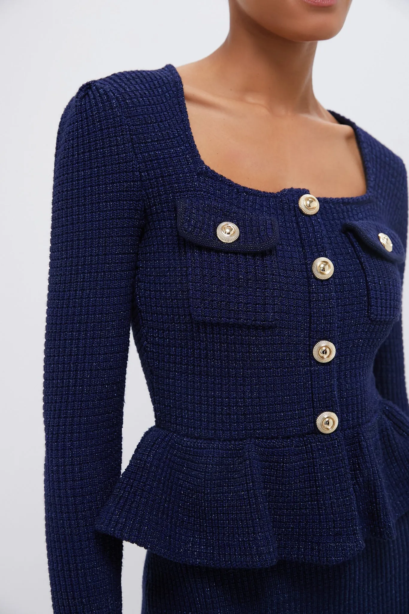 Blue Navy Knit Peplum Midi Dress