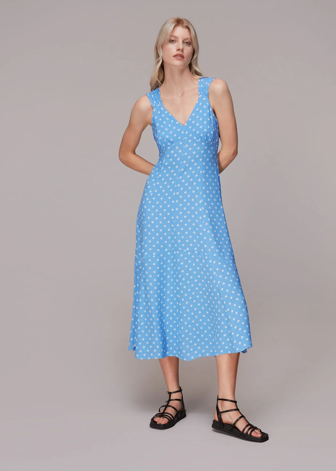 Blue Rounded Leaf Print Midi Dress