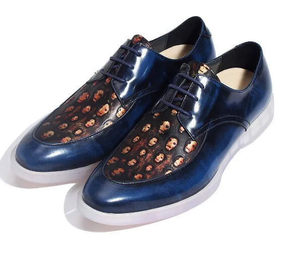 Blue Skulls Embossed Leather Gothic Lace Up Mens Oxfords Dress Shoes