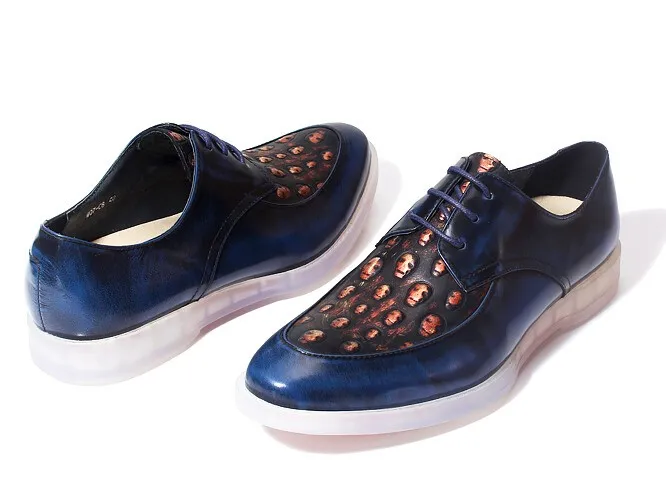 Blue Skulls Embossed Leather Gothic Lace Up Mens Oxfords Dress Shoes