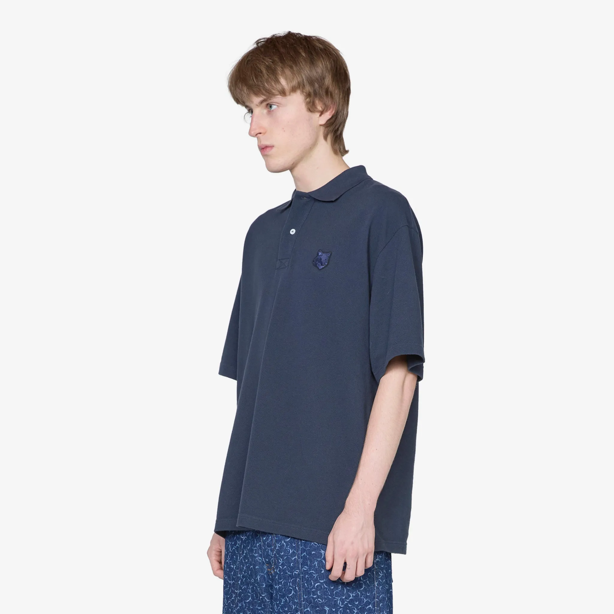 Bold Fox Head Patch Oversize Polo Deep Navy - Rewrite: Large Navy Polo Shirt with Bold Fox Patch