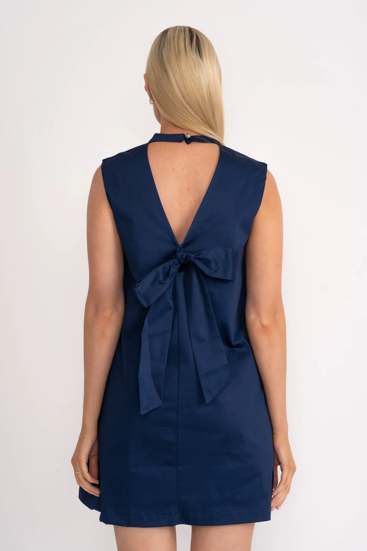 Bow Back Cotton Sateen Mini Dress in Navy