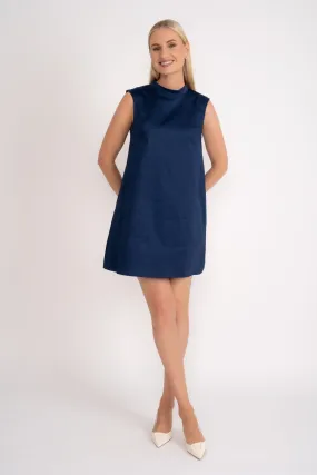 Bow Back Cotton Sateen Mini Dress in Navy