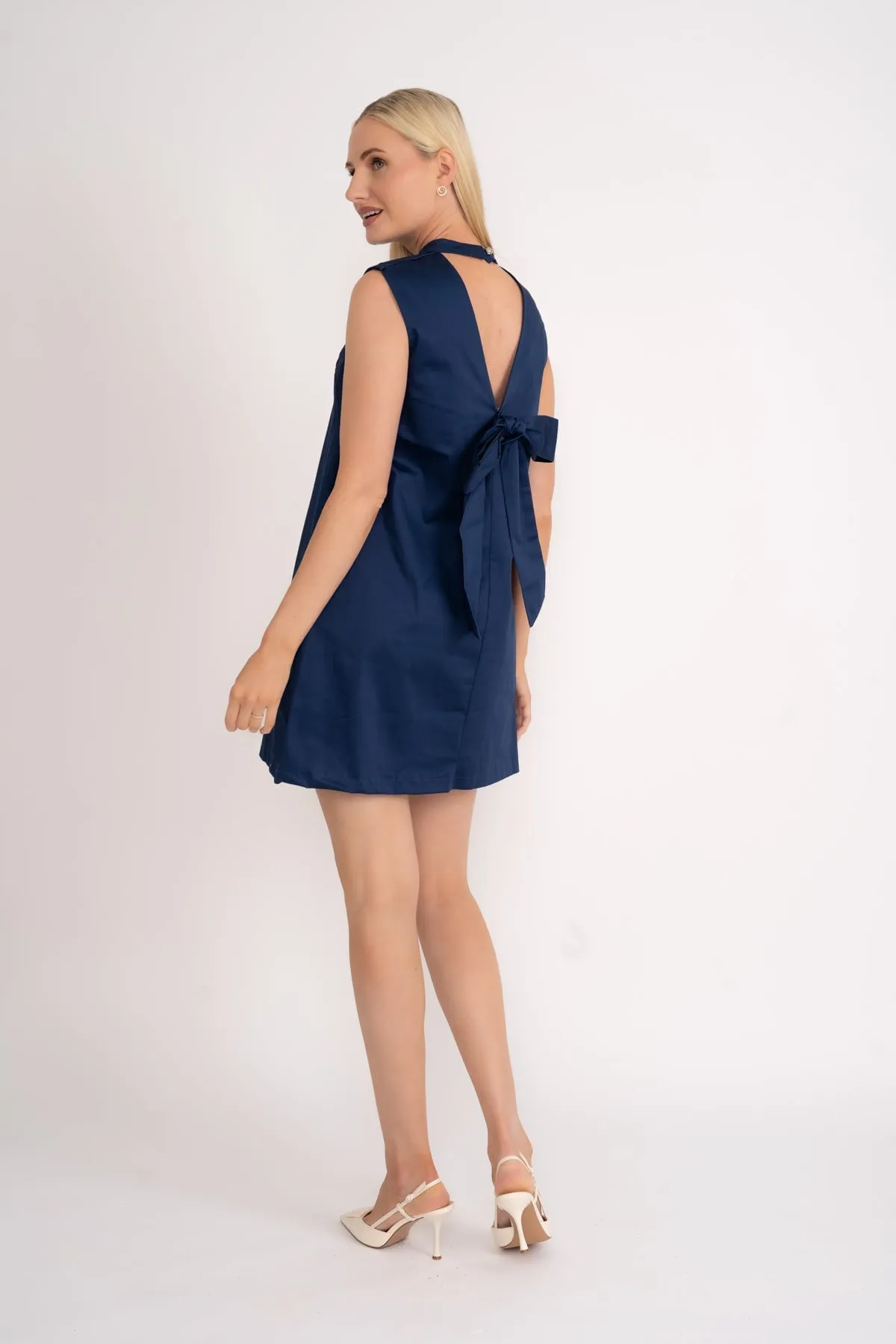 Bow Back Cotton Sateen Mini Dress in Navy