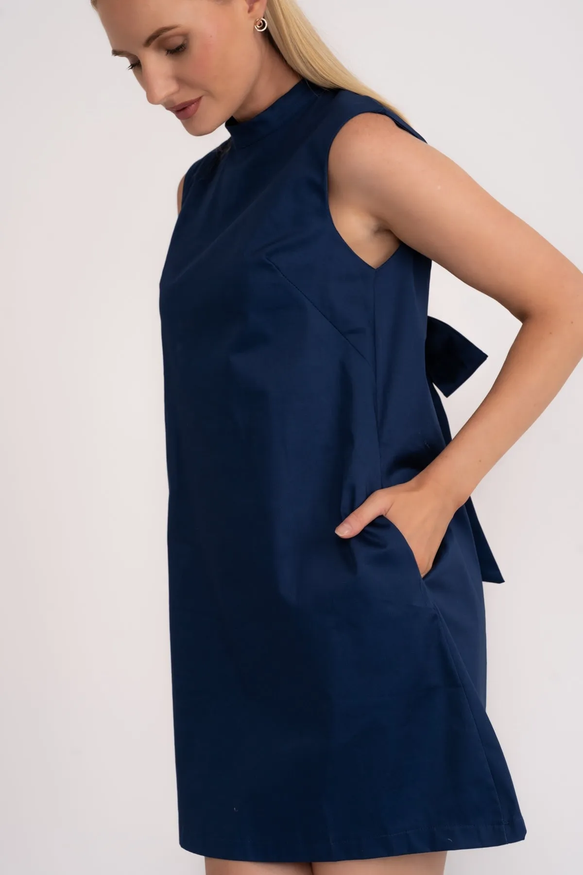 Bow Back Cotton Sateen Mini Dress in Navy