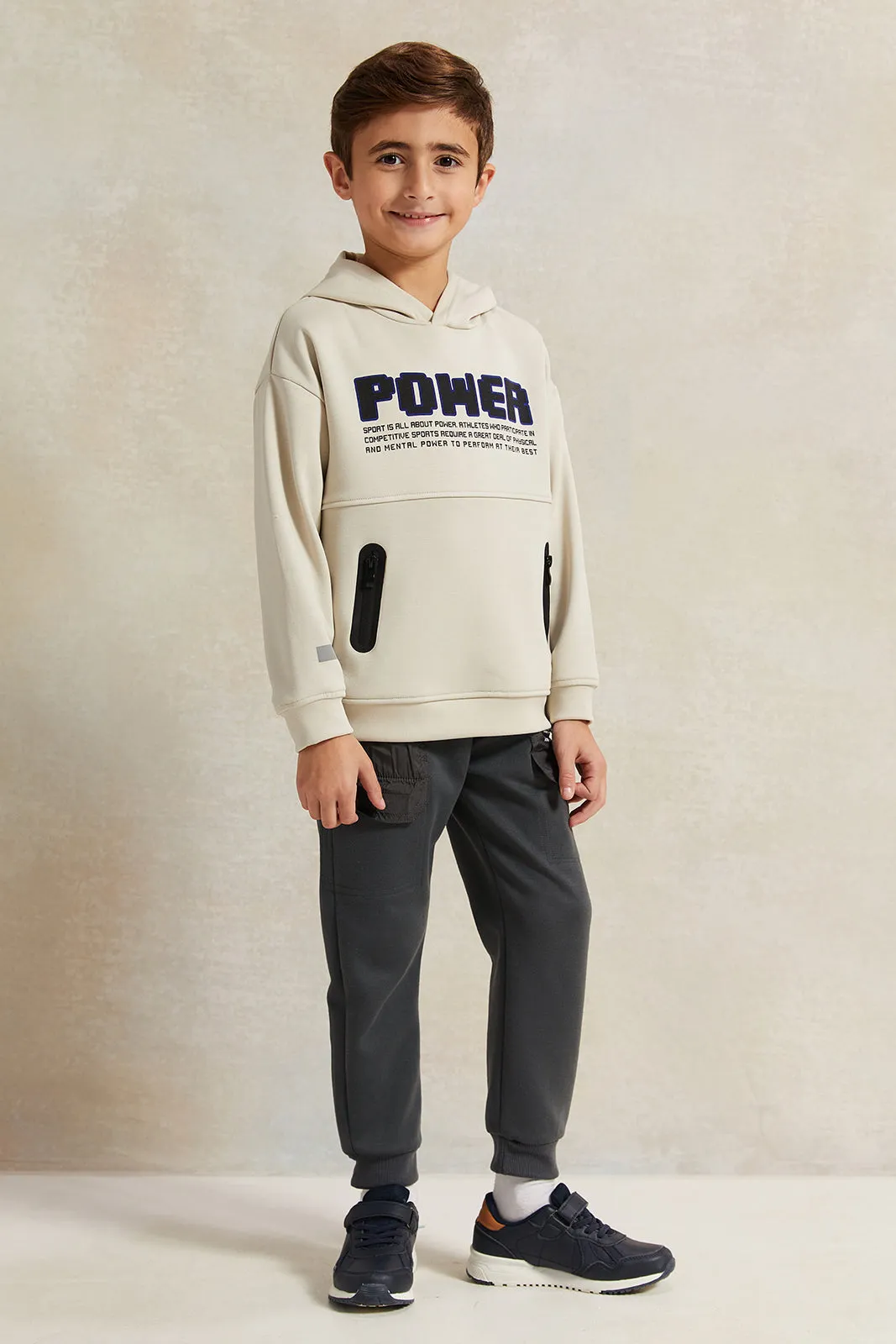 Boys Beige Hooded  Zip Pocket Sweatshirt