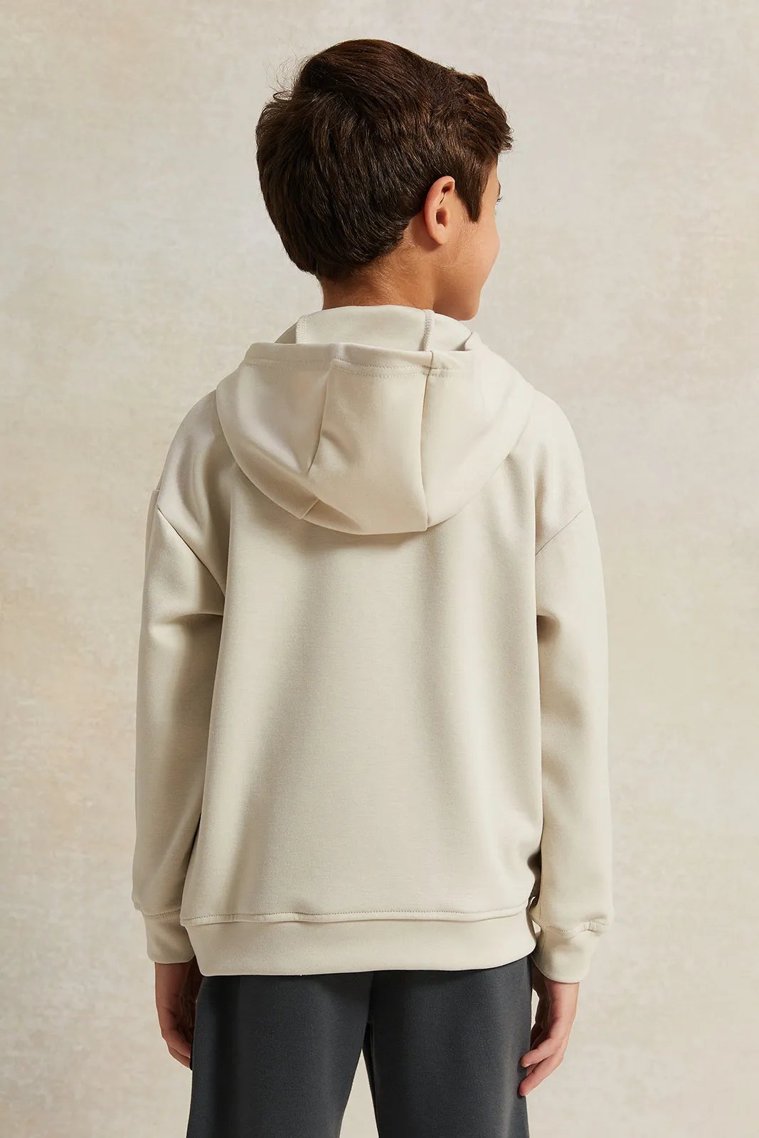 Boys Beige Hooded  Zip Pocket Sweatshirt