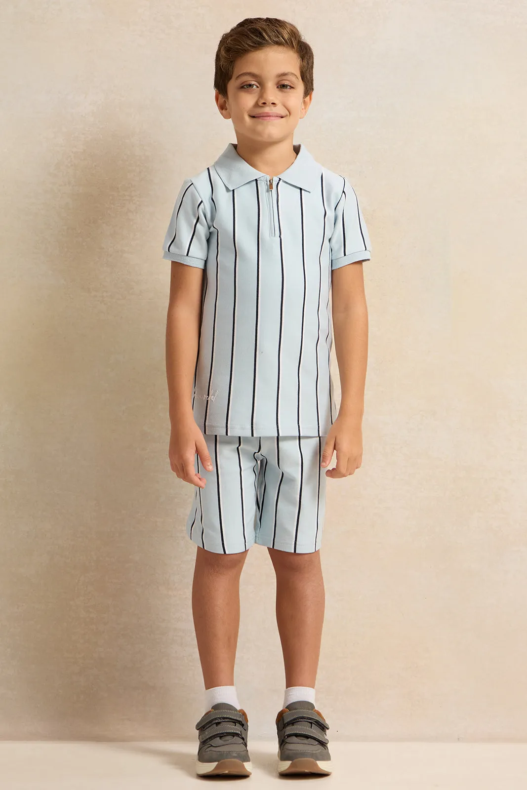 Boys Blue Stripe Polo Shirt And Shorts Set (2 Piece)