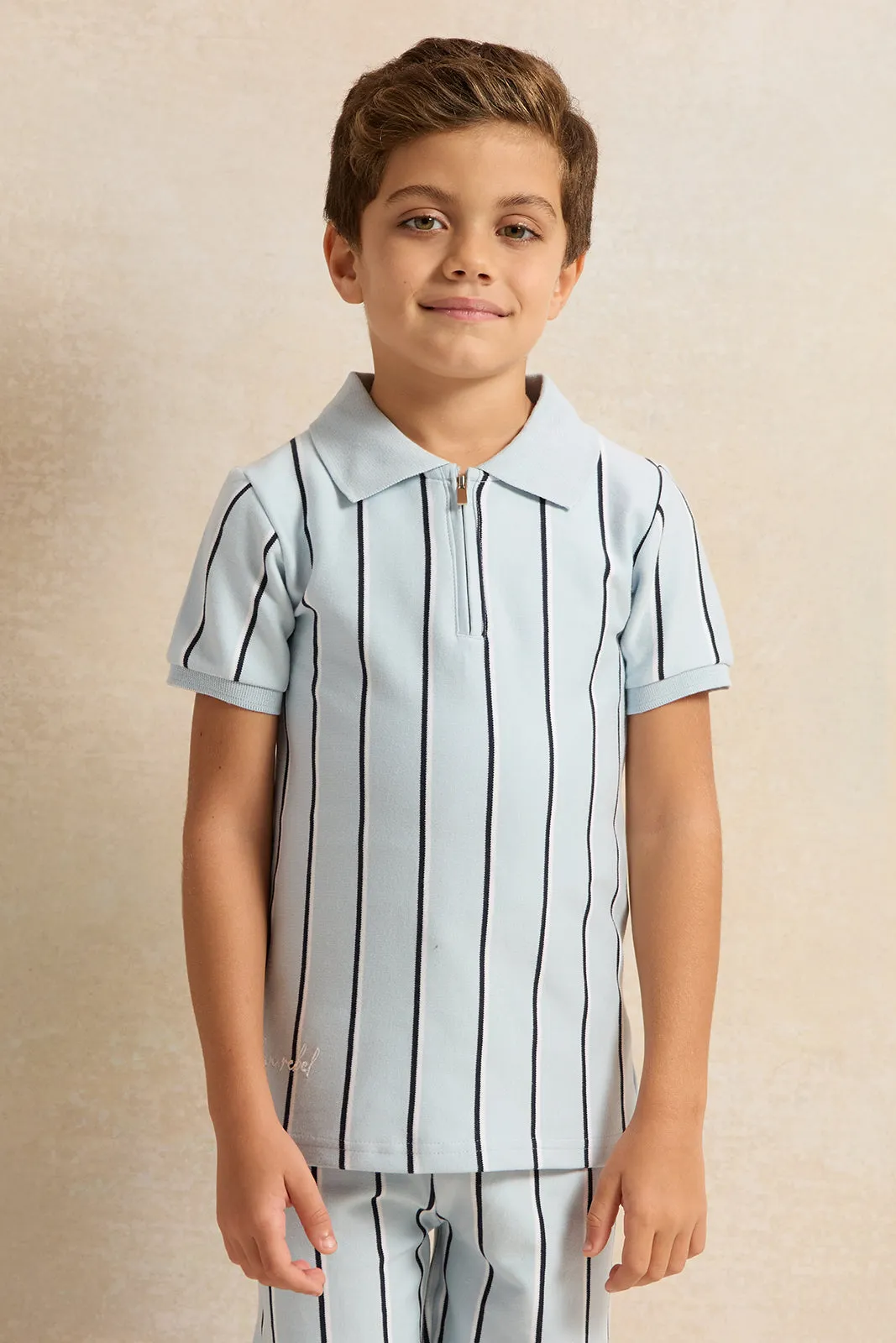 Boys Blue Stripe Polo Shirt And Shorts Set (2 Piece)