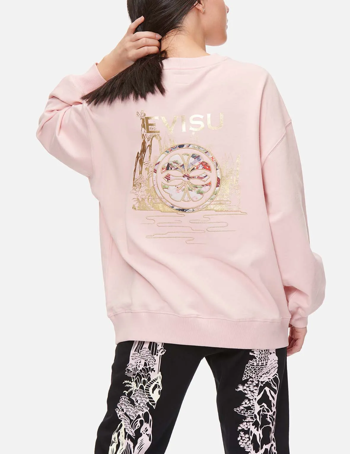 Brocade-patterned Kamon Appliqué Oversized Sweatshirt