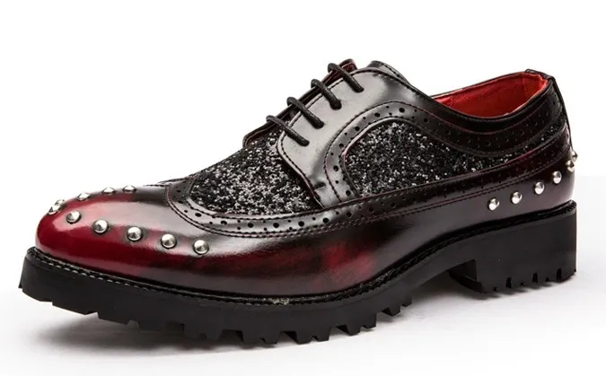 Burgundy Leather Glitter Metal Studs Lace Up Mens Oxfords Dress Shoes