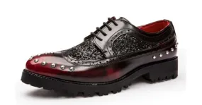 Burgundy Leather Glitter Metal Studs Lace Up Mens Oxfords Dress Shoes