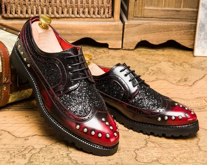 Burgundy Leather Glitter Metal Studs Lace Up Mens Oxfords Dress Shoes