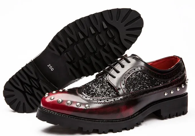 Burgundy Leather Glitter Metal Studs Lace Up Mens Oxfords Dress Shoes