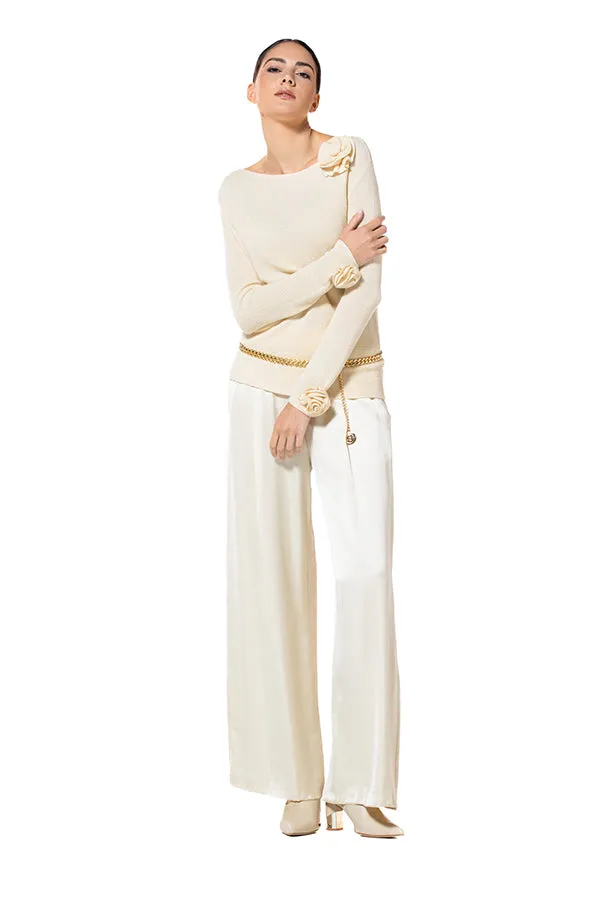 Caroline Biss CHAMPAGNE BEIGE WIDE SHINY TROUSERS