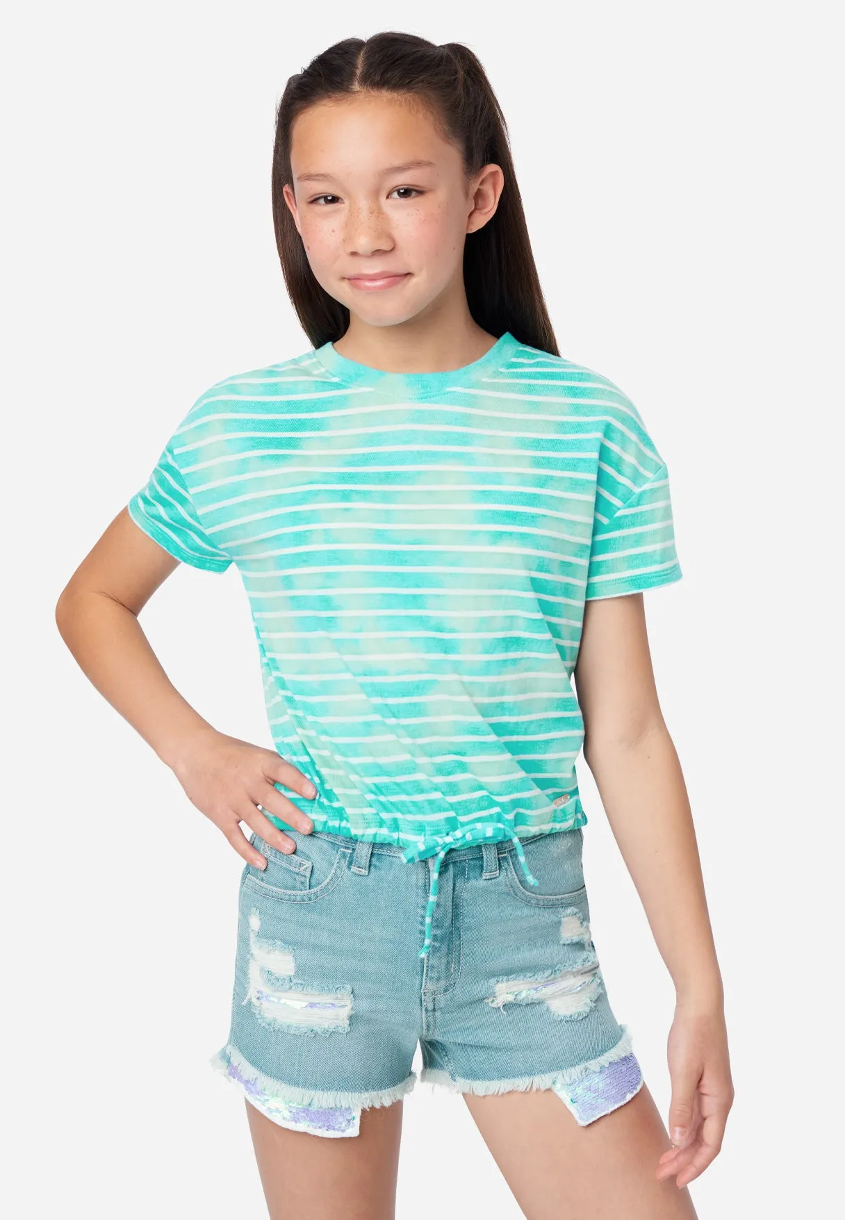 Cinch Bottom Dye Effect Stripe Tee