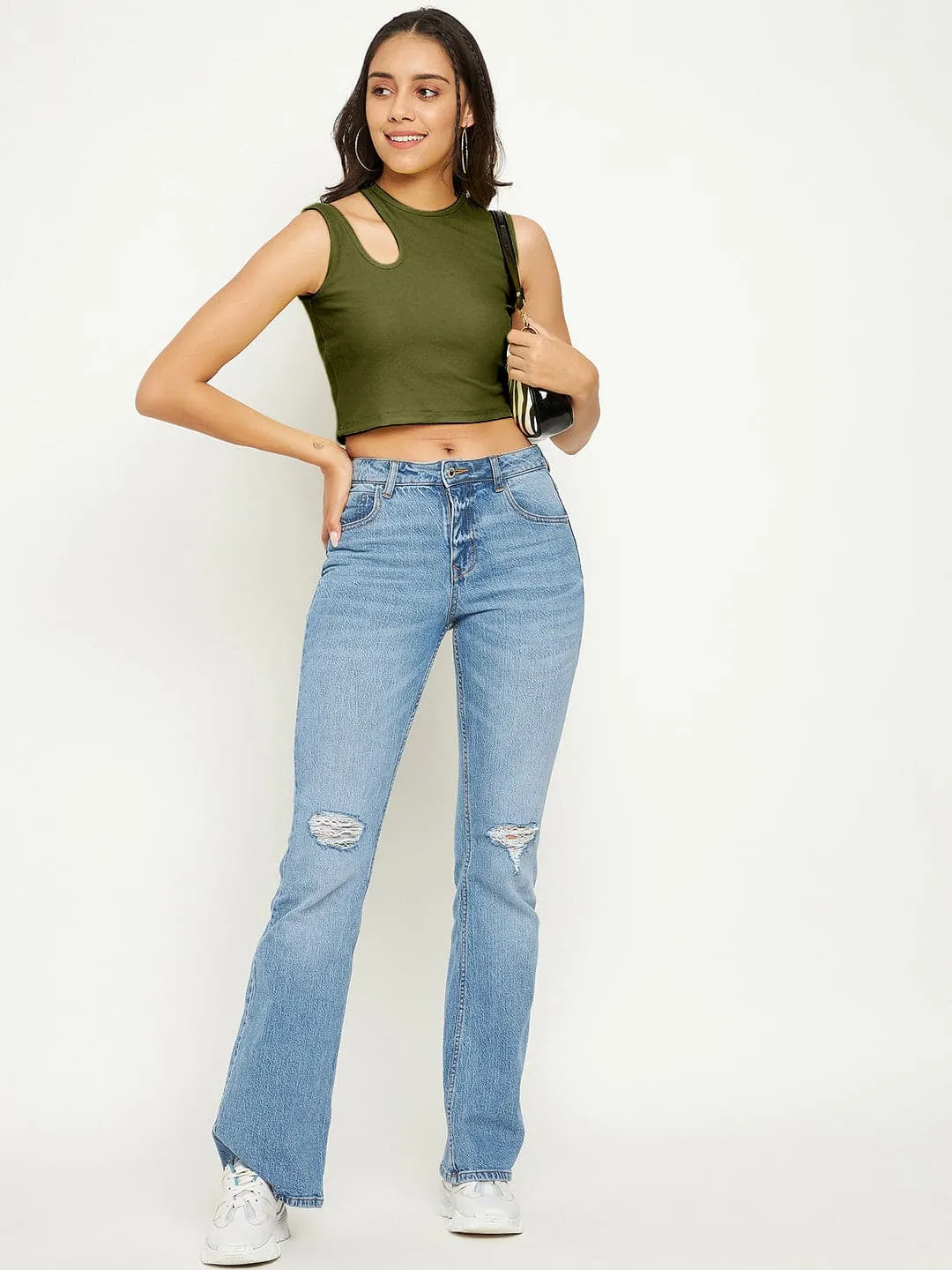 Stretchable Cotton Cutout Shoulder Crop Top