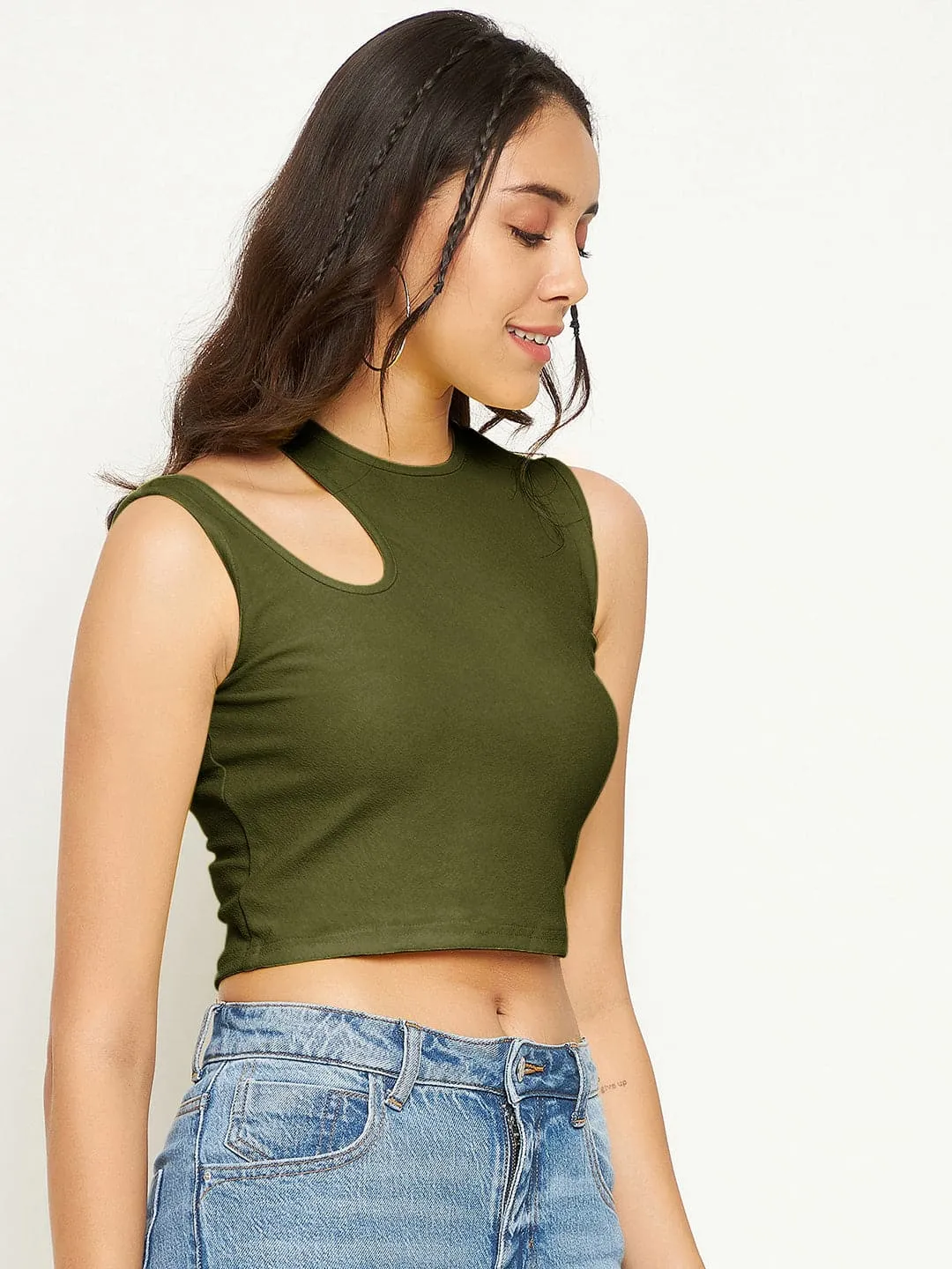 Stretchable Cotton Cutout Shoulder Crop Top