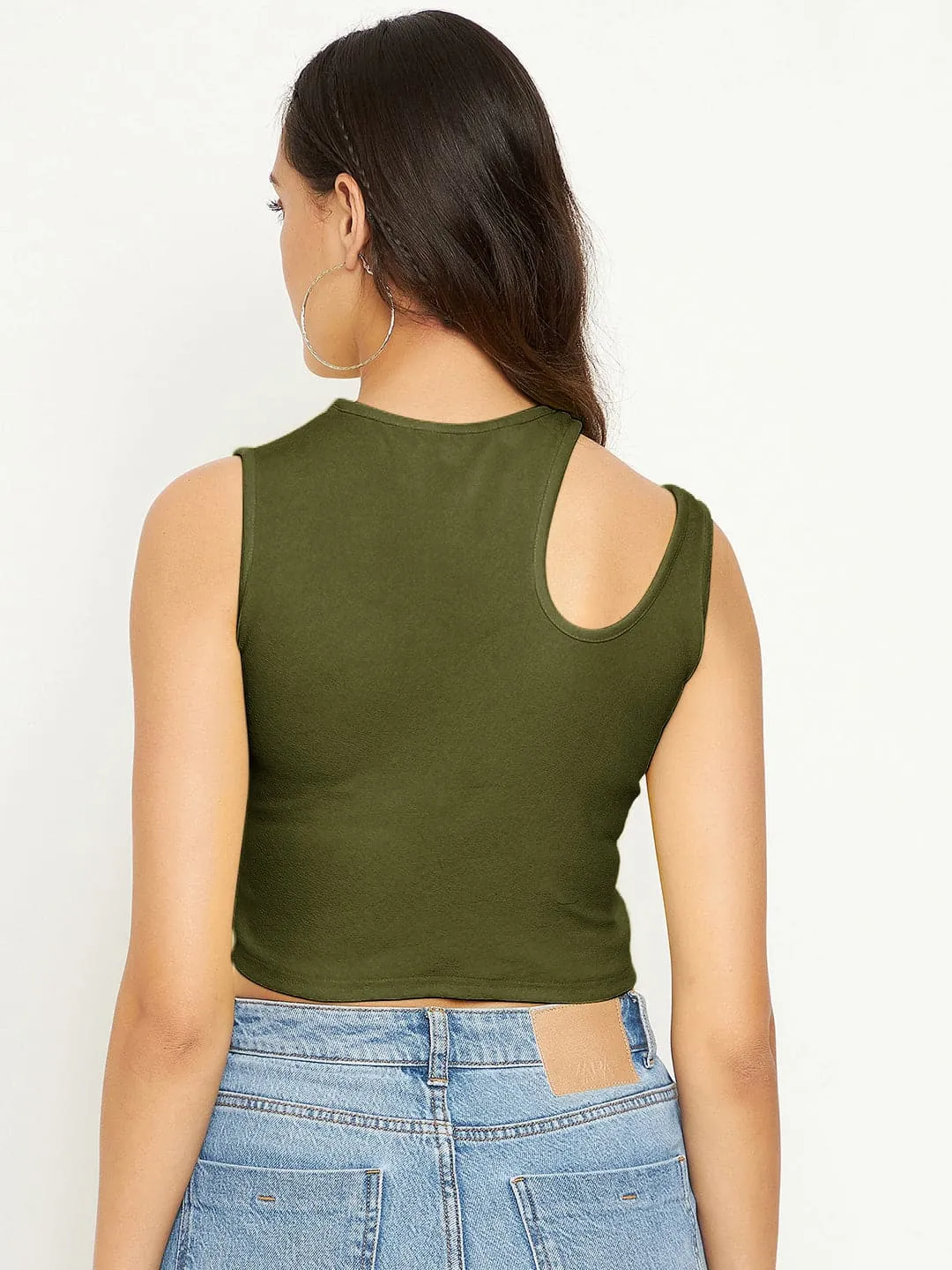 Stretchable Cotton Cutout Shoulder Crop Top