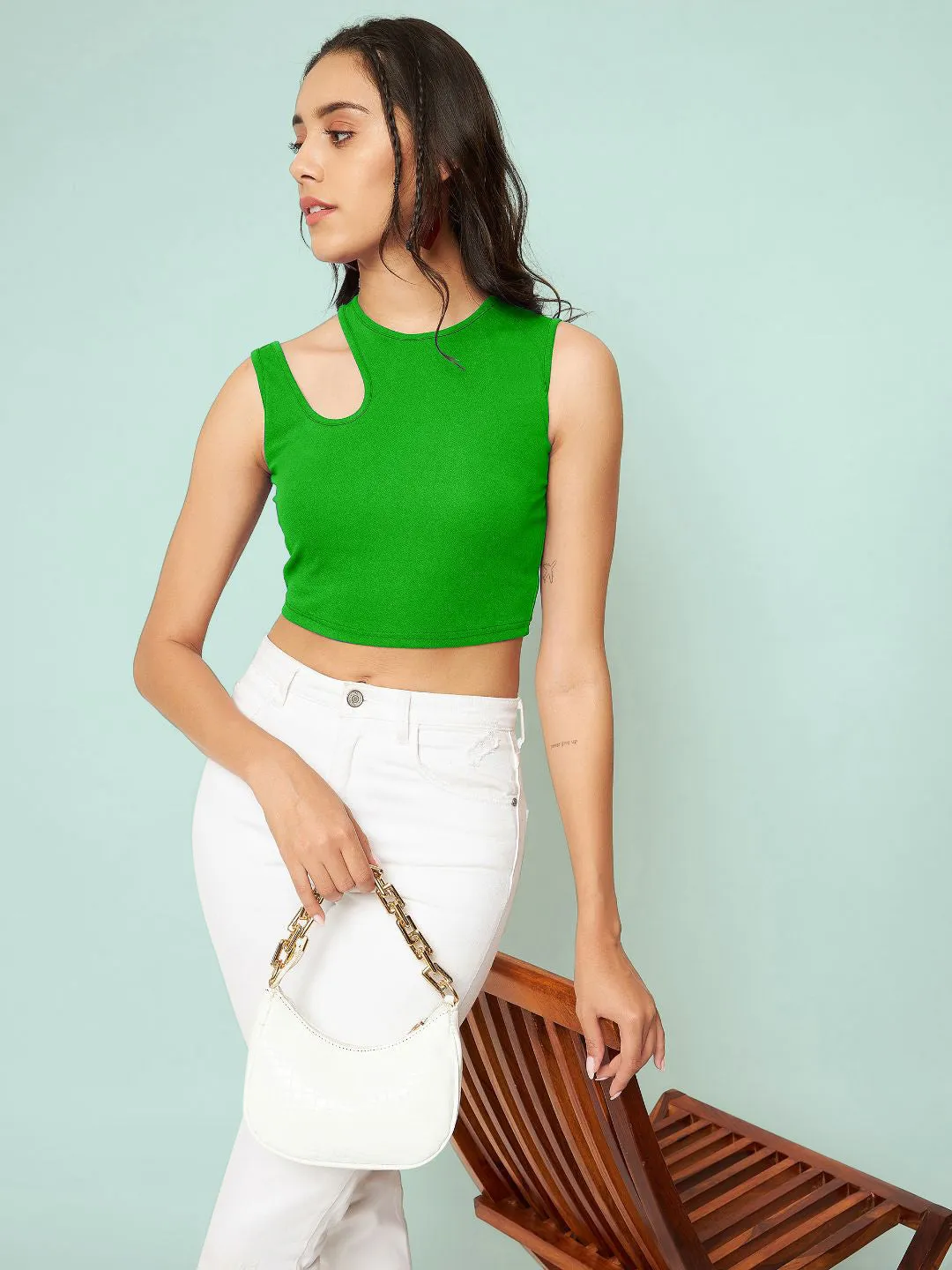 Stretchable Cotton Cutout Shoulder Crop Top