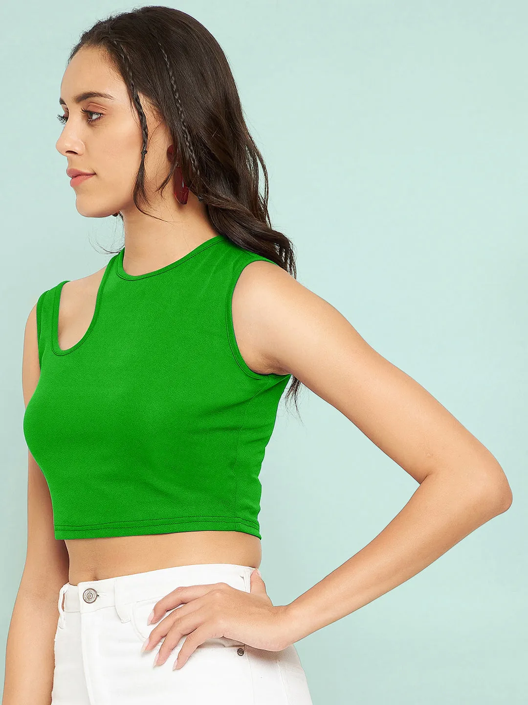 Stretchable Cotton Cutout Shoulder Crop Top