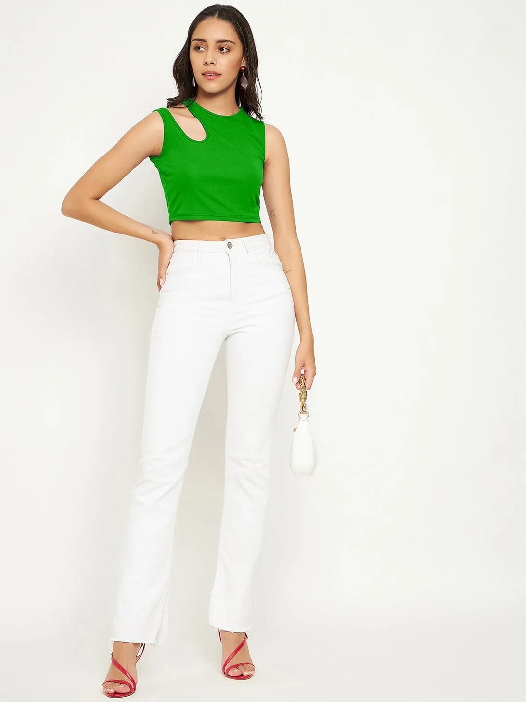 Stretchable Cotton Cutout Shoulder Crop Top