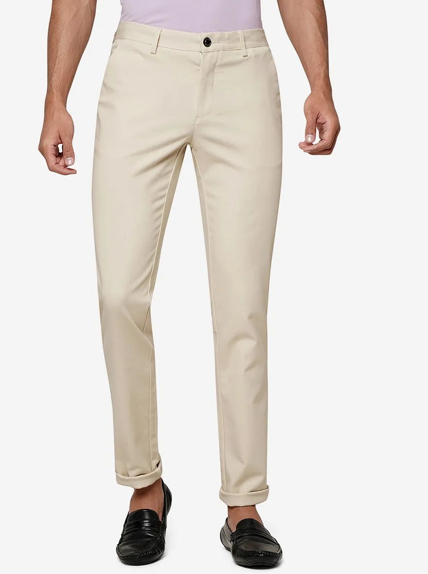 Cream Solid Uno Fit Casual Trouser | JadeBlue