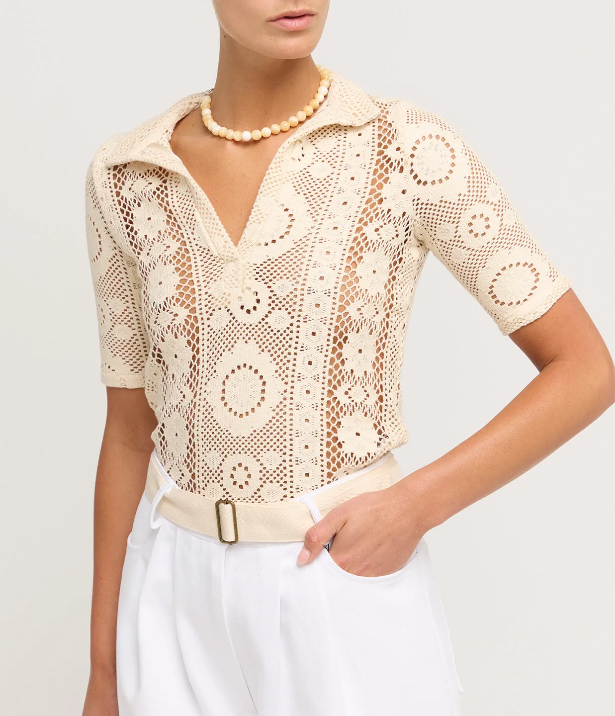 Crochet Polo Top in Creme