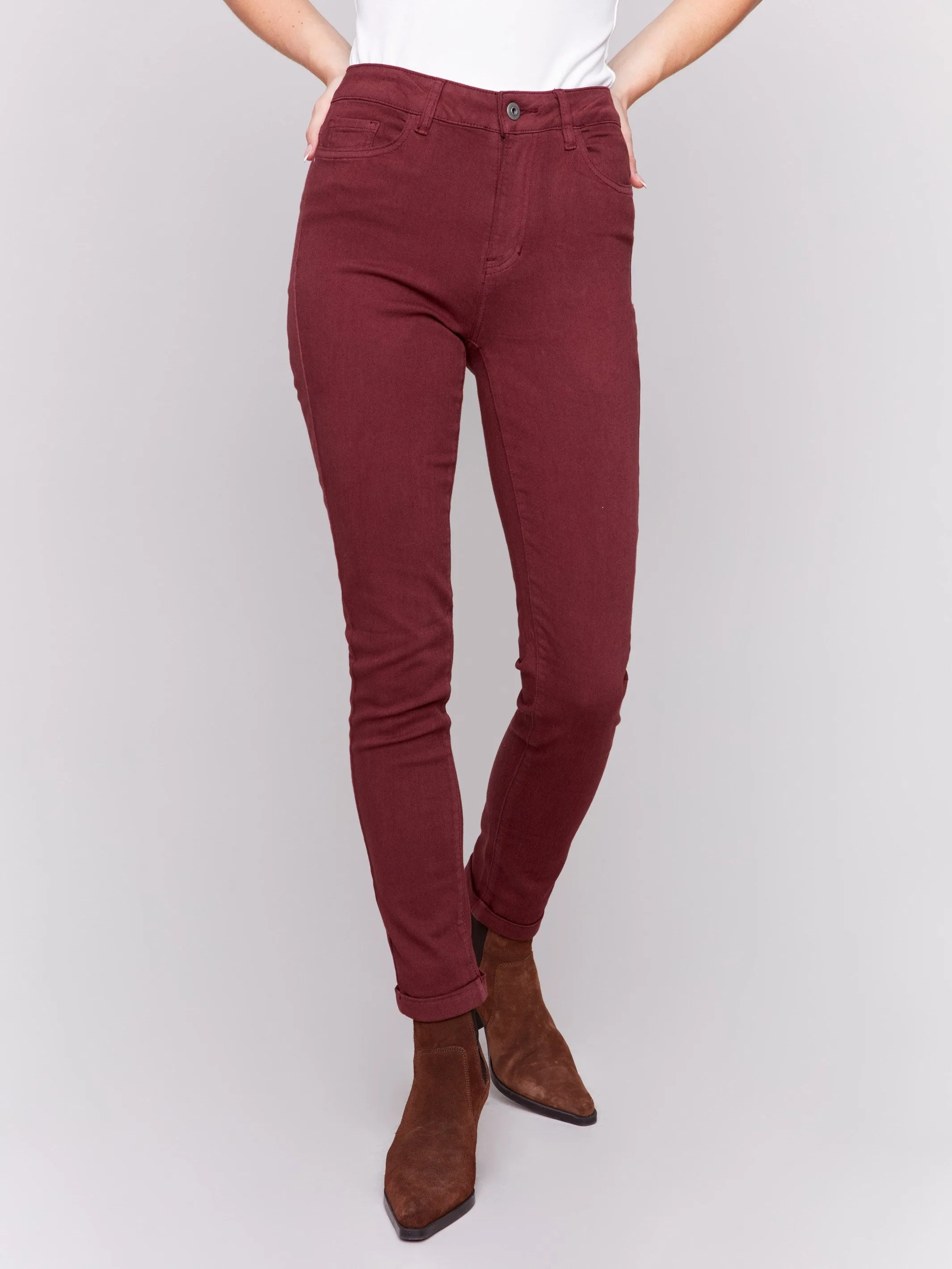 Cuffed Hem Twill Jeans - Cabernet