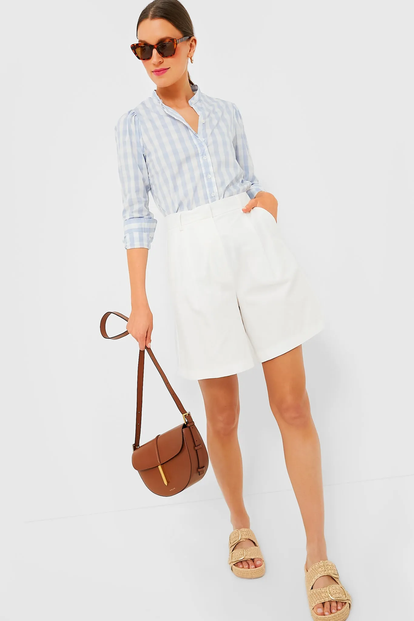 Exclusive Sky Blue Gingham Puffed Shoulder Shirt