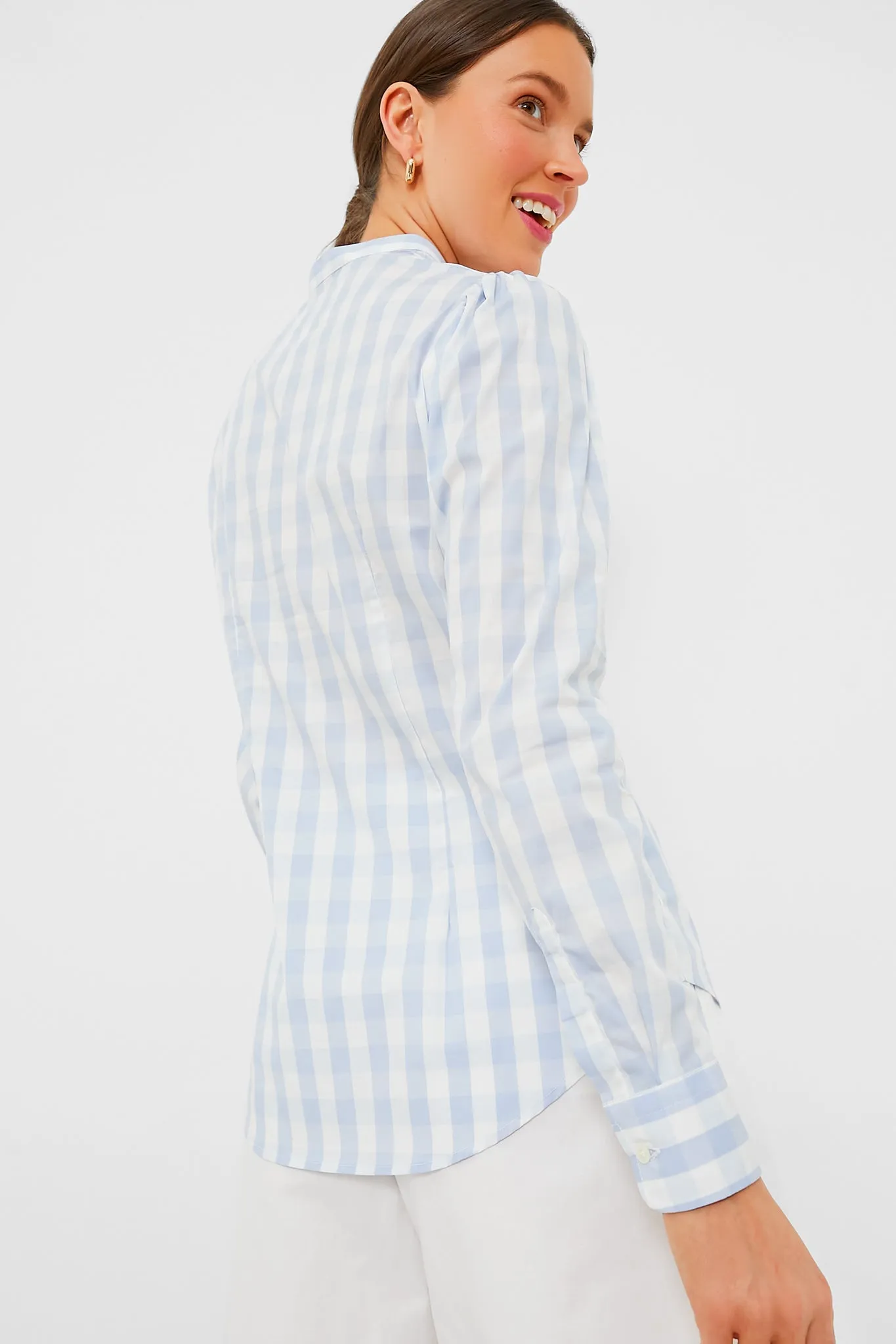 Exclusive Sky Blue Gingham Puffed Shoulder Shirt