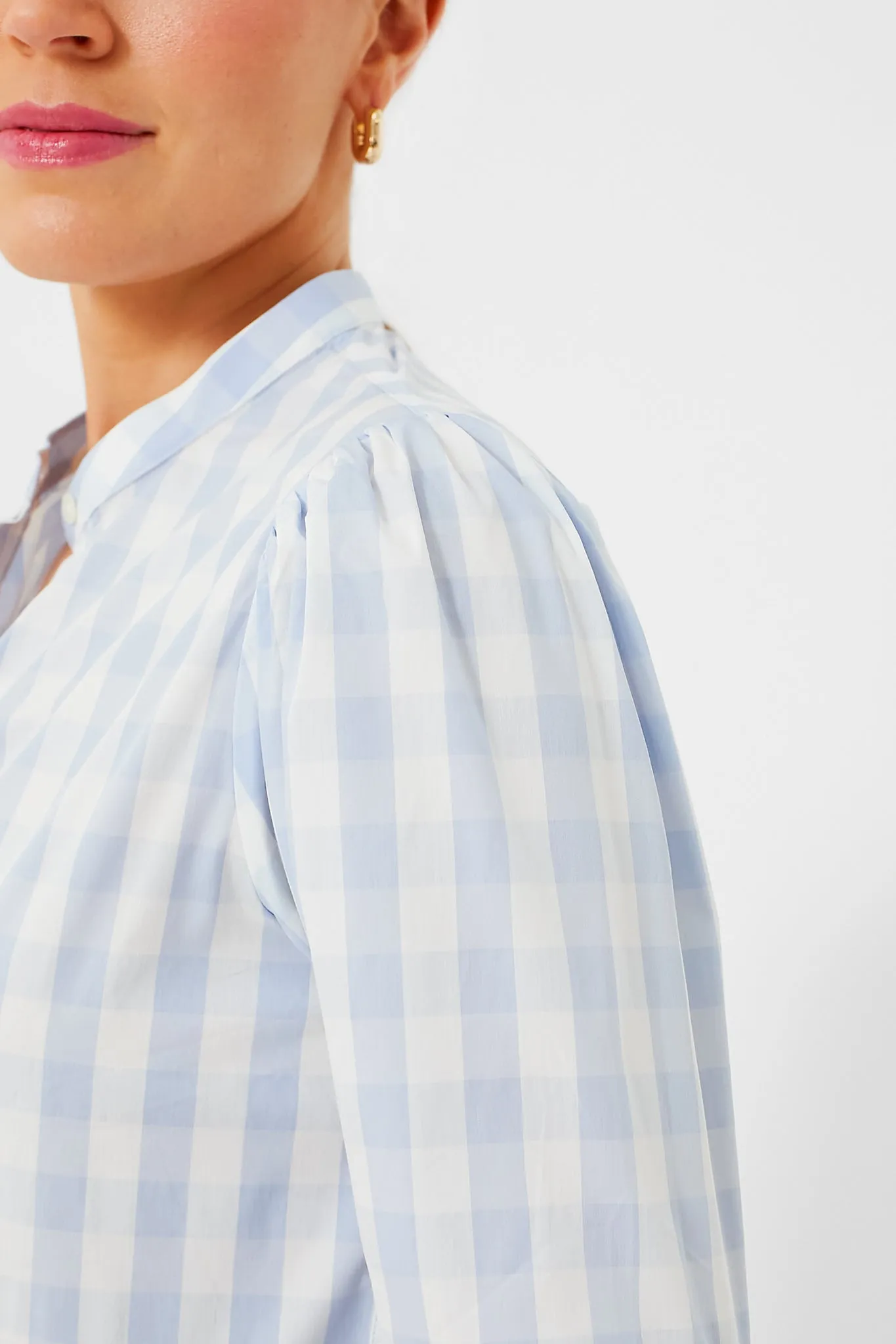 Exclusive Sky Blue Gingham Puffed Shoulder Shirt