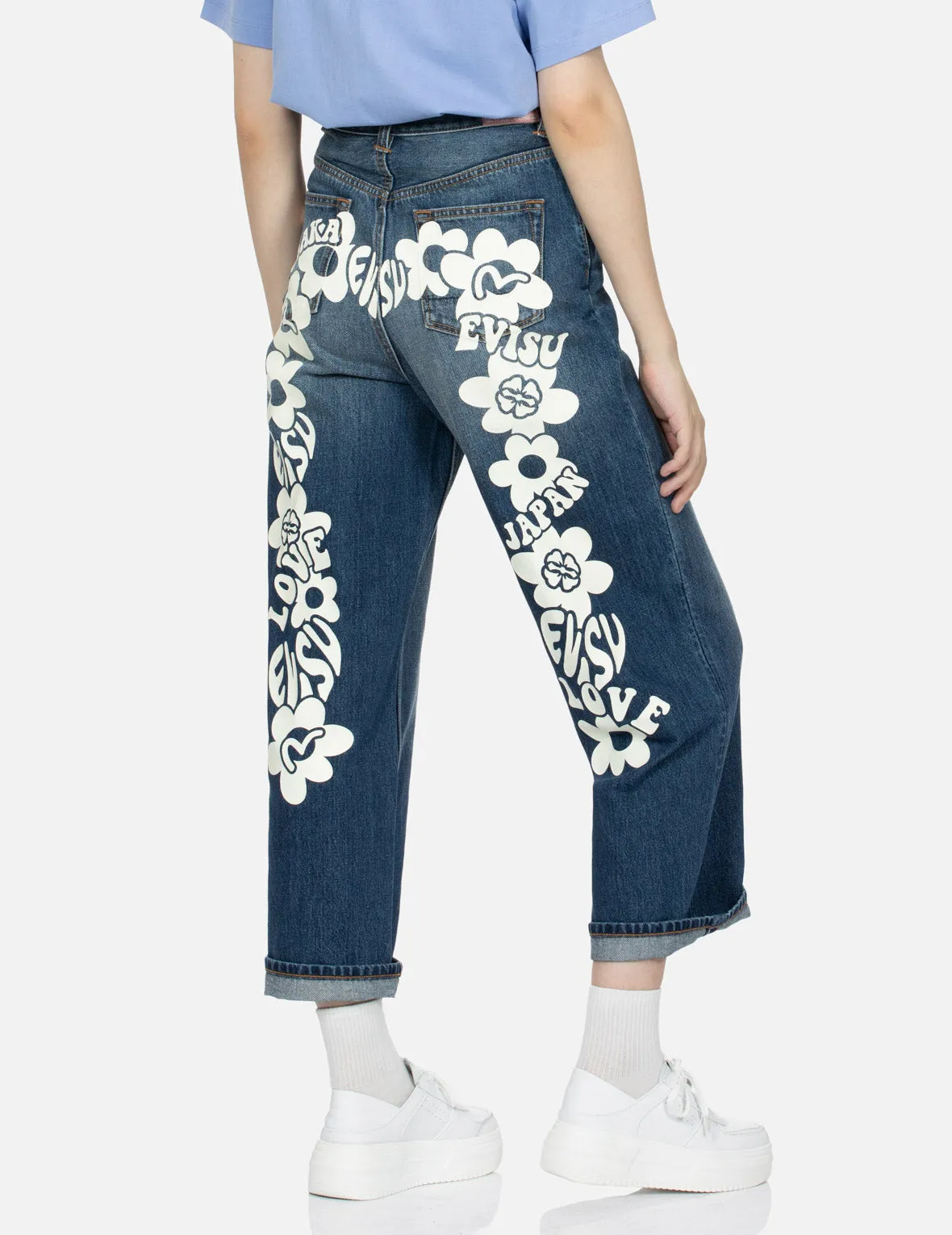 Floral Seagull Plastisol Daicock Print Wide Leg Jeans