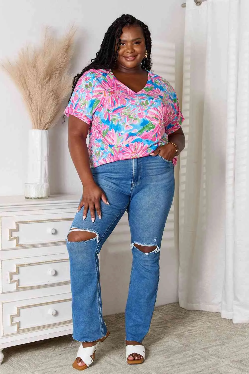 Floral V-Neck Short Sleeve Blouse - Double Take