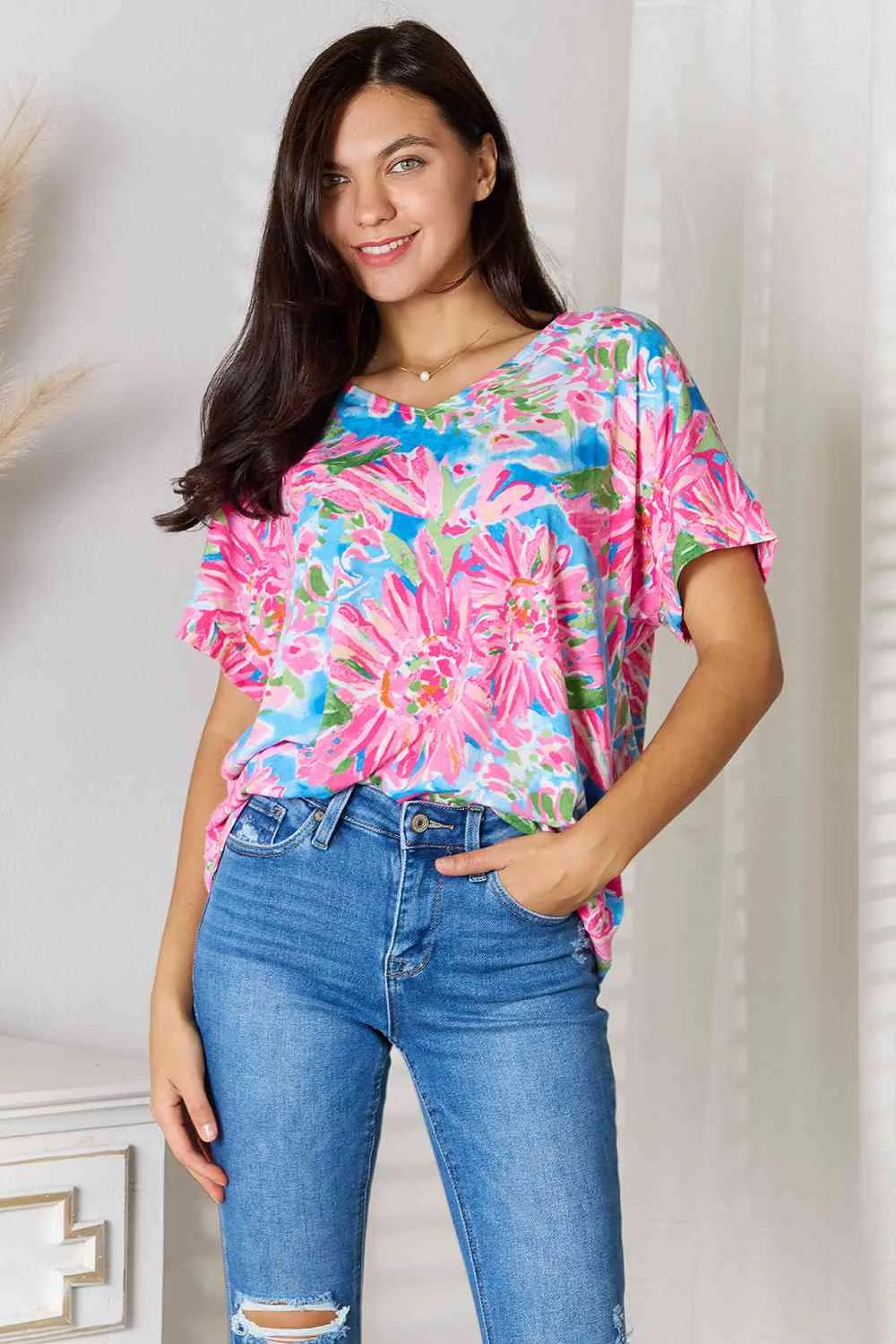 Floral V-Neck Short Sleeve Blouse - Double Take