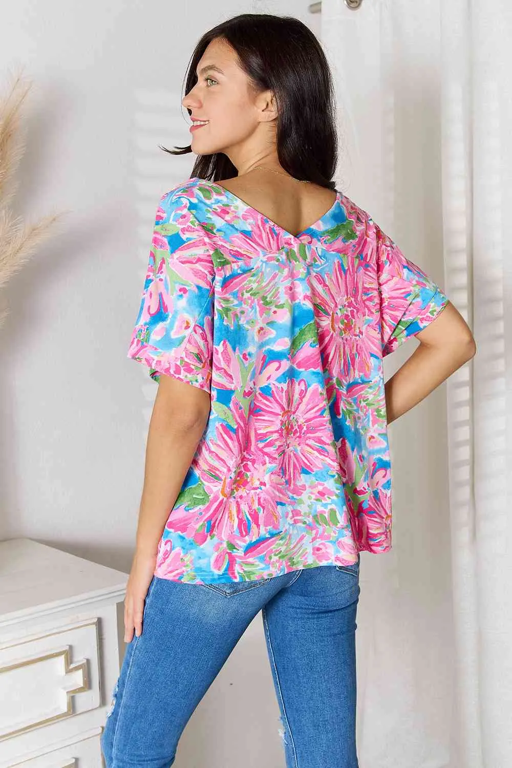 Floral V-Neck Short Sleeve Blouse - Double Take