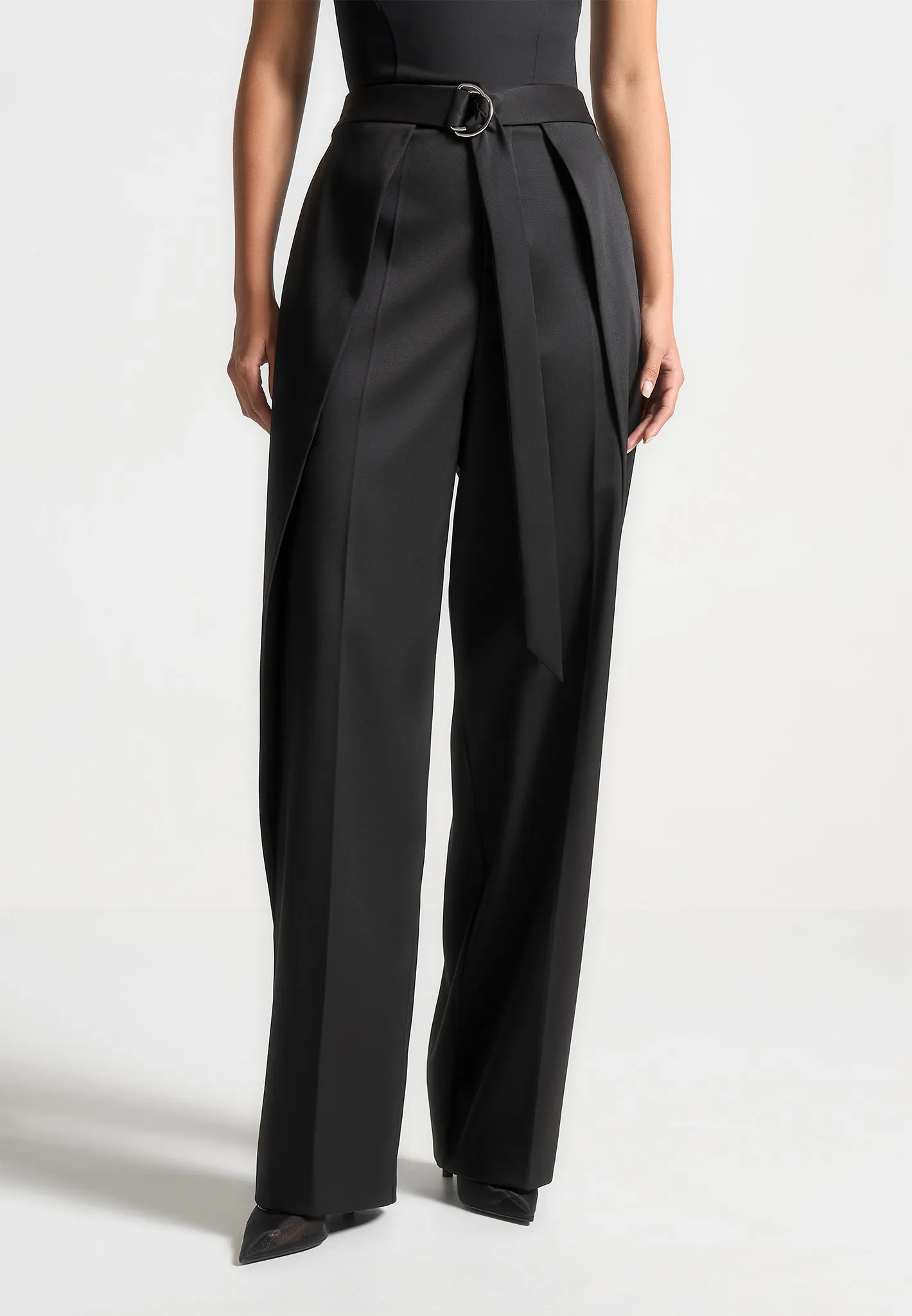 Foldover Sateen Trousers with D-Ring Belt - Black