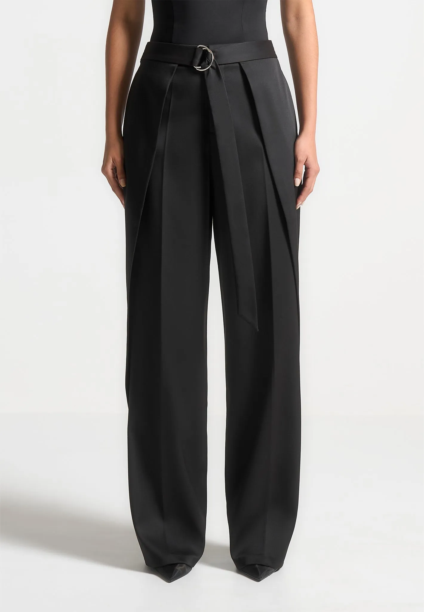 Foldover Sateen Trousers with D-Ring Belt - Black