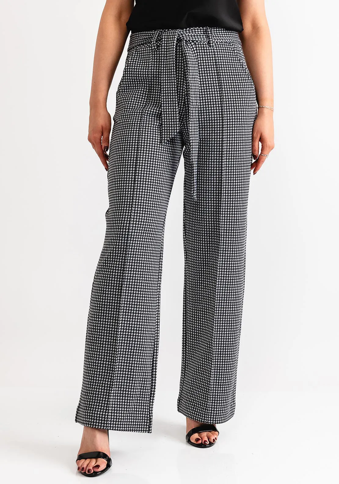 Fransa Blenda Houndstooth Wide Leg Trousers, Black